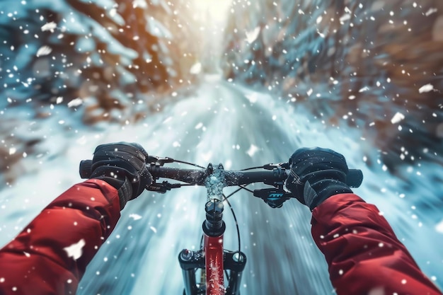 写真 クローズアップスノーダイナミック 自転車に乗るサイクリスト