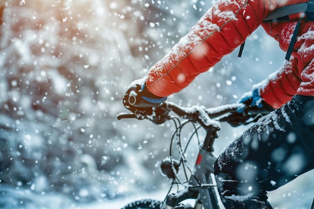 Photo close up snow dynamic cyclist riding a bike