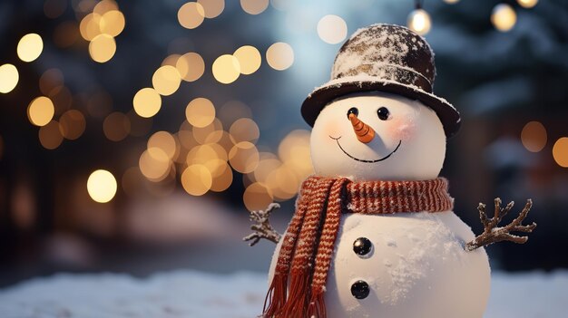 close up snow man over blurred Christmas eve