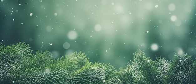 Close up snowcovered fir green branches and snowfall flakes Christmas banner background