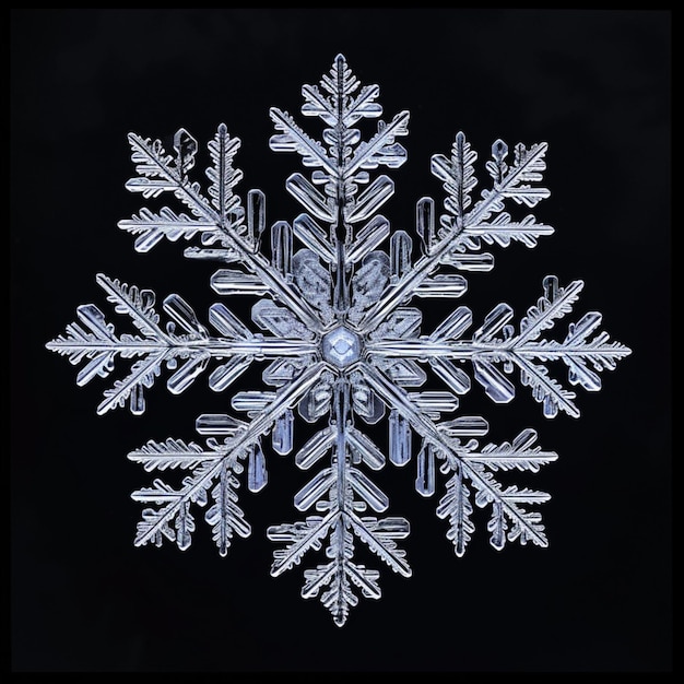 a close up of a snowflake on a black background generative ai