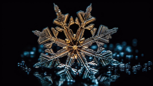 A close up of a snowflake on a black background
