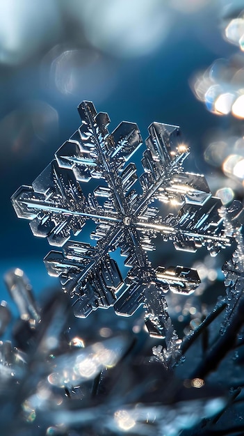 a close up of a snowflake on a blue background