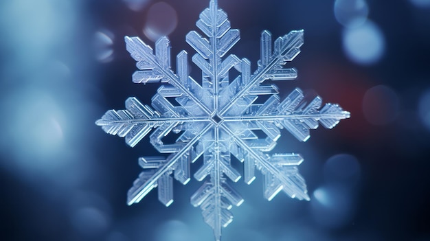 A close up of a snowflake on a blue background