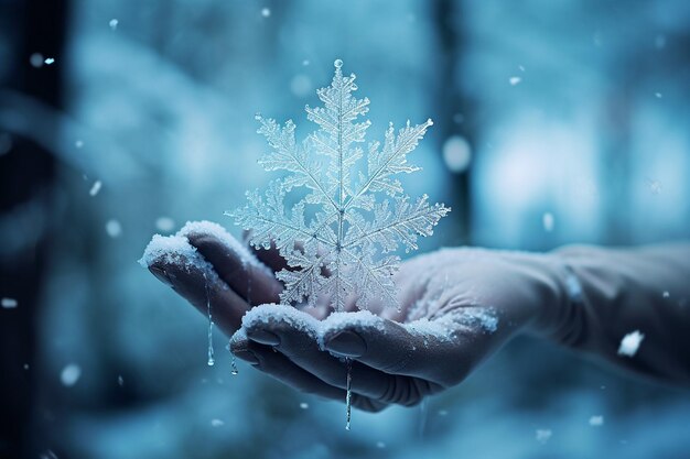 Photo close up of a snowflake landing on a gloved hand