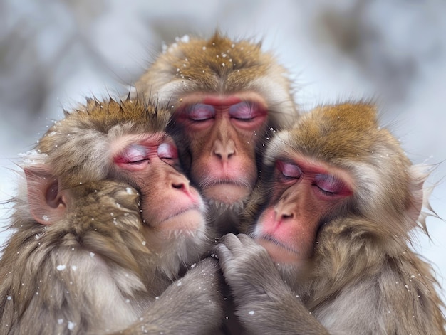 Close up of Snowflakes on Japanese Macaques Embracing in Winter Zen