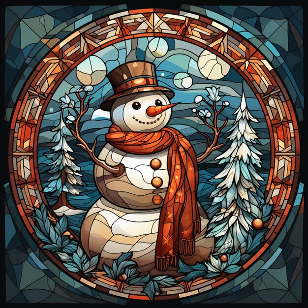 A close up of a snowman in a stained glass window generative ai