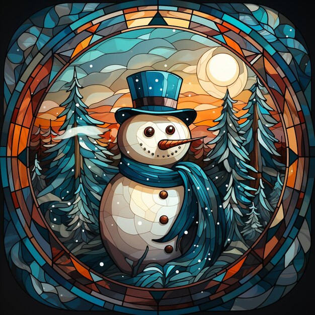 A close up of a snowman in a stained glass window generative ai