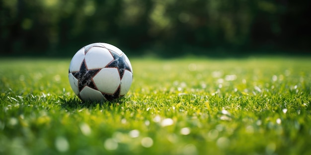 Photo close up soccer ball on a bright green pitch soccer ball on lush green field