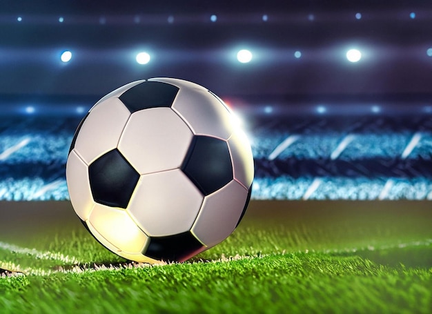 Close up of a soccer ball in the center of the stadium by the headlights