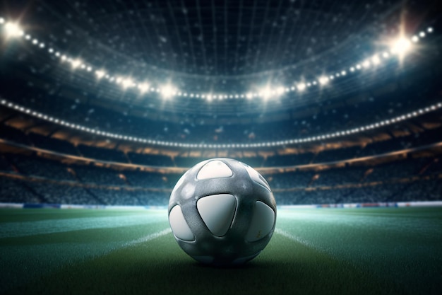 close up of a soccer ball in the center of the stadium illuminated by the headlights generative ai