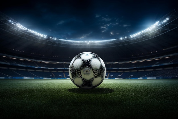 Close up of a soccer ball in the center of the stadium illuminated by the headlights
