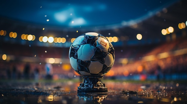 Close up of a soccer ball in the center of the stadium