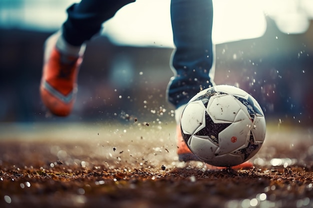 Foto close up dei piedi di un giocatore di calcio che spara una palla con potenza verso una porta mentre gioca