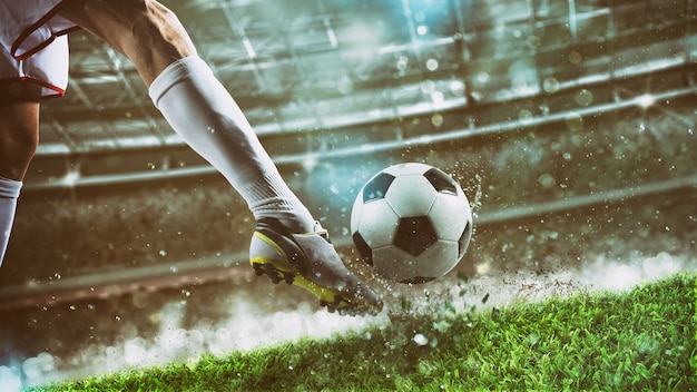 Photo close up of a soccer player who kicks the ball