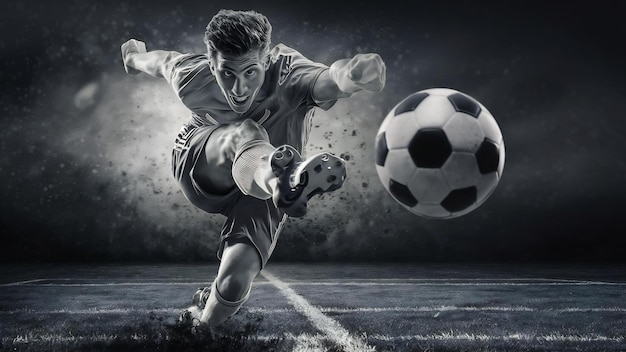 Close up of a soccer player who kicks the ball