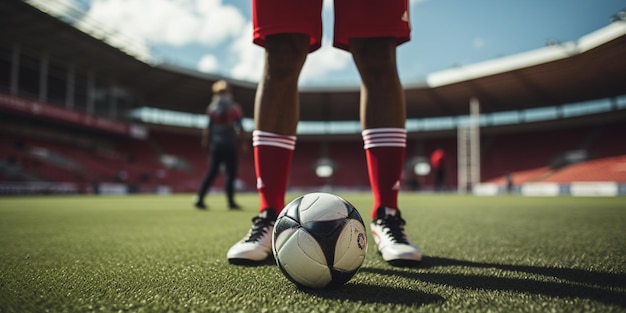 Photo close up of a soccer striker ready to kicks the ball at the stadium