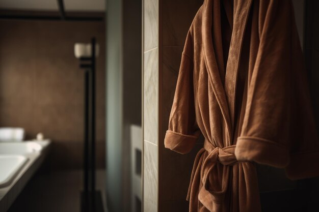 Close up of soft terry cloth spa bathrobe on the hanger