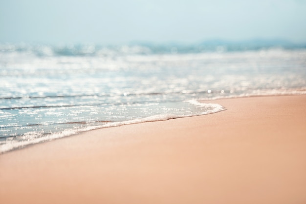 Close-up soft wave of the sea on the sandy beach.