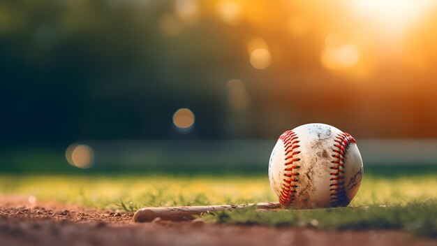 Photo close up of a softball with shallow depth of field and the sun shining on horizzon generative ai