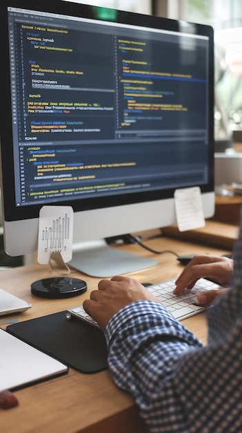 close up of a software developer working on a desktop computer programming code running on display