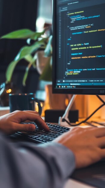 close up of a software developer working on a desktop computer programming code running on display