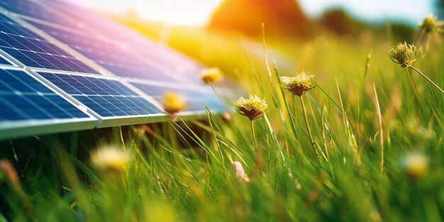 A close up of a solar panel in a field of grass generative ai