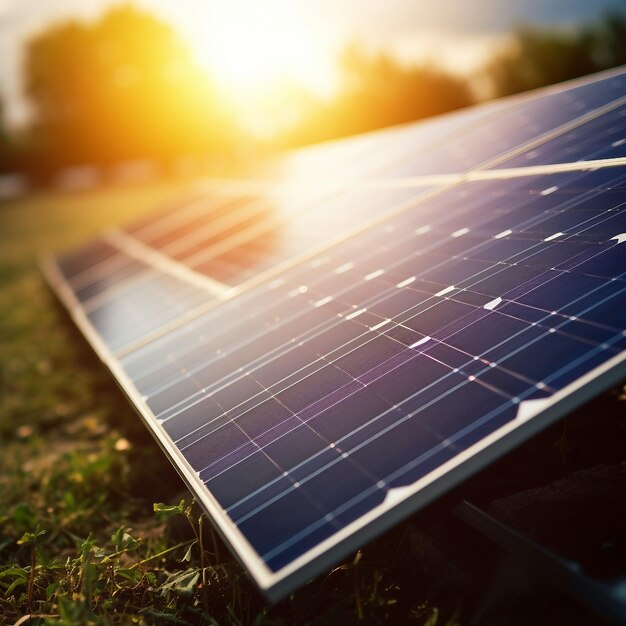 A close up of a solar panel in the grass