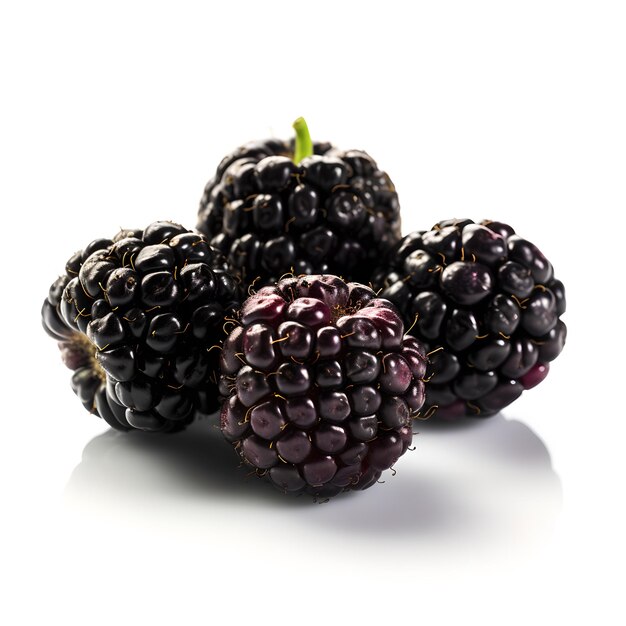 A close up of some blackberries with a green stem