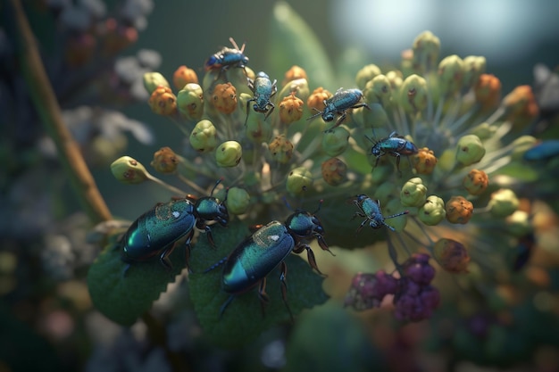 A close up of some blue beetles on a flower