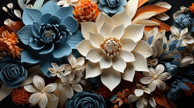 A close up of some blue and orange flowers background