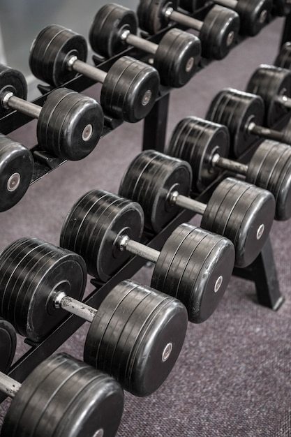 Close up of some Dumbbells in row