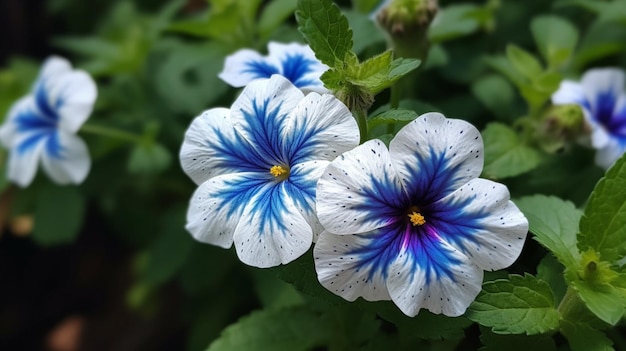 A close up of some flowers with blue and white petals