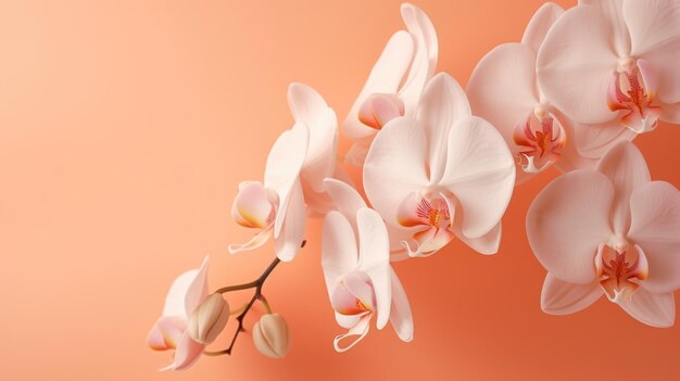 A close up of some white flowers on pink background peach fuzz trendy color of the year 2024