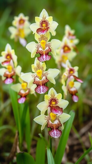 Photo a close up of some yellow and brown orchids