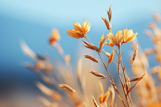 A close up of some yellow flowers in front of a blue sky