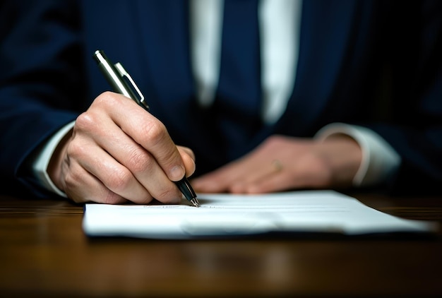 Close up of someone finalizing an agreement by signing a contract with a pen on paper accountability concept