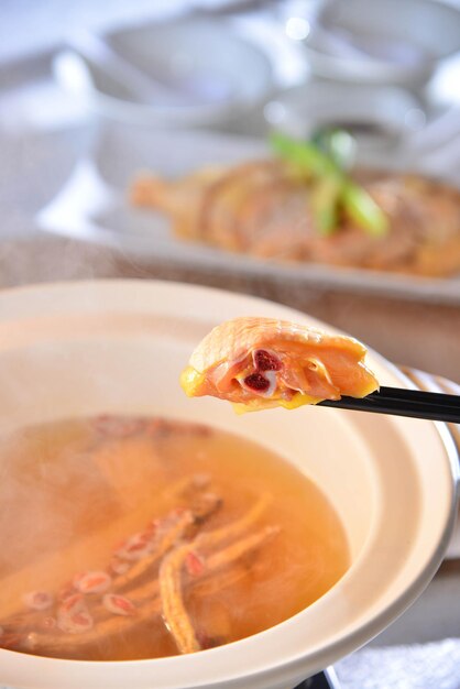 Close-up of soup in bowl on table