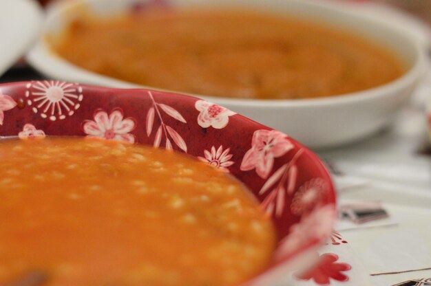 Close-up of soup in bowl on table