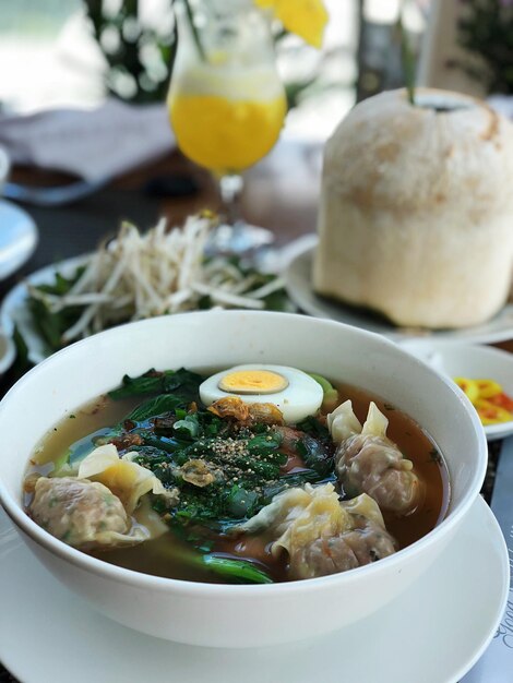 Close-up of soup in bowl on table