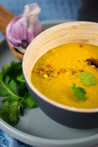 Close-up of soup in bowl on table