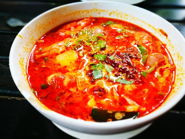 Close-up of soup in bowl on table