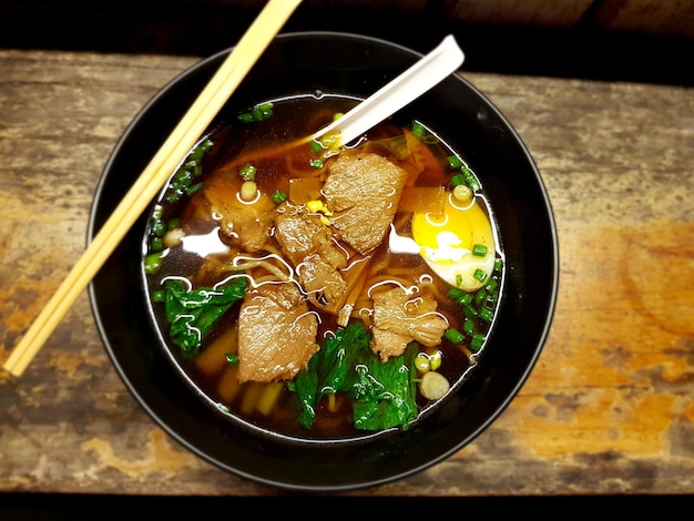 Close-up of soup in bowl on table