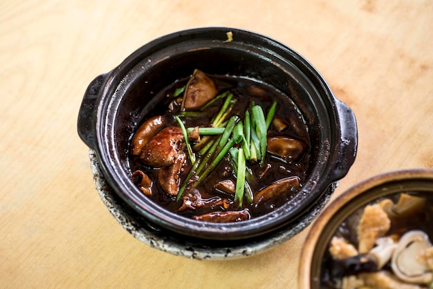 close-up of soup served on table