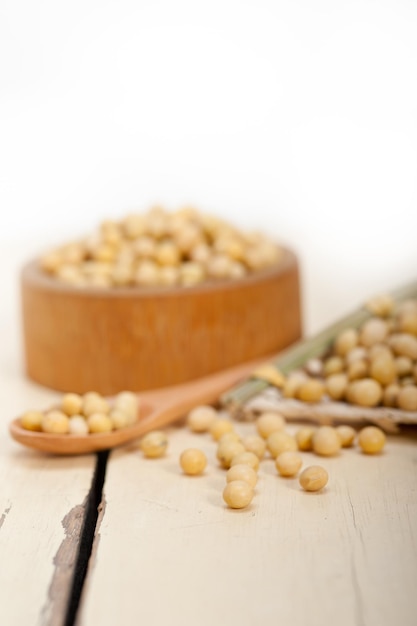 Close-up of soybeans on wooden table