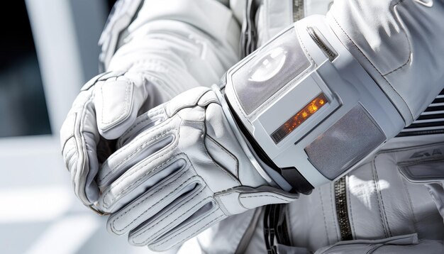 Photo close up of a space suit hand with advanced technology