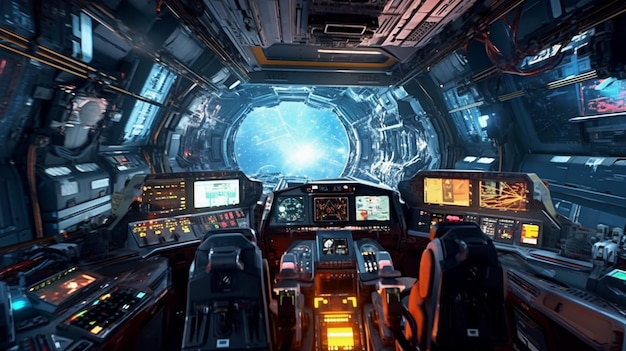 A close up of a spaceship cockpit with a lot of computers generative ai