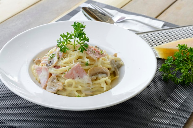 Close-up of spaghetti with cheese and meat in plate
