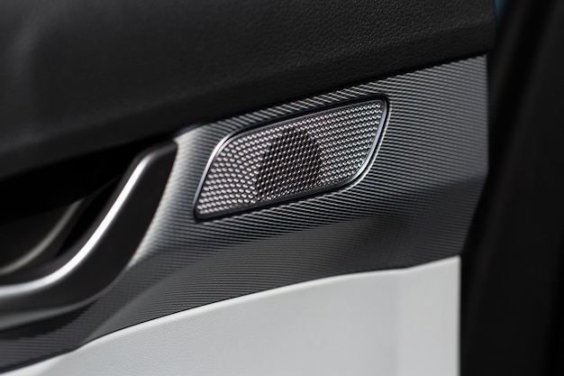 Close up speaker on car door. Sound speaker in a modern car.