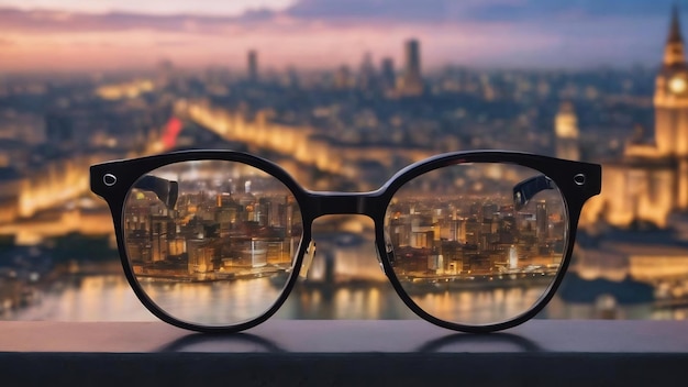 Close up of spectacles on blurry city background clean vision concept